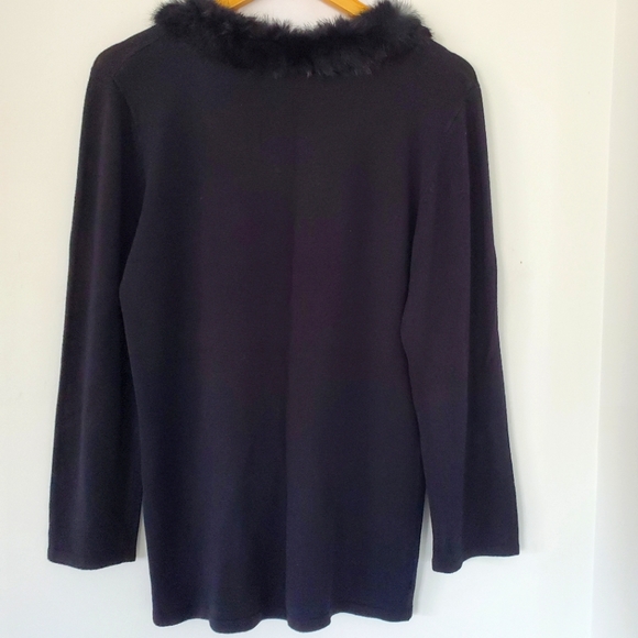 DRESS BARN Sz XL Black Rayon Knit Sweater Black Faux Fur Collar Mobwife Dressy - Picture 8 of 14